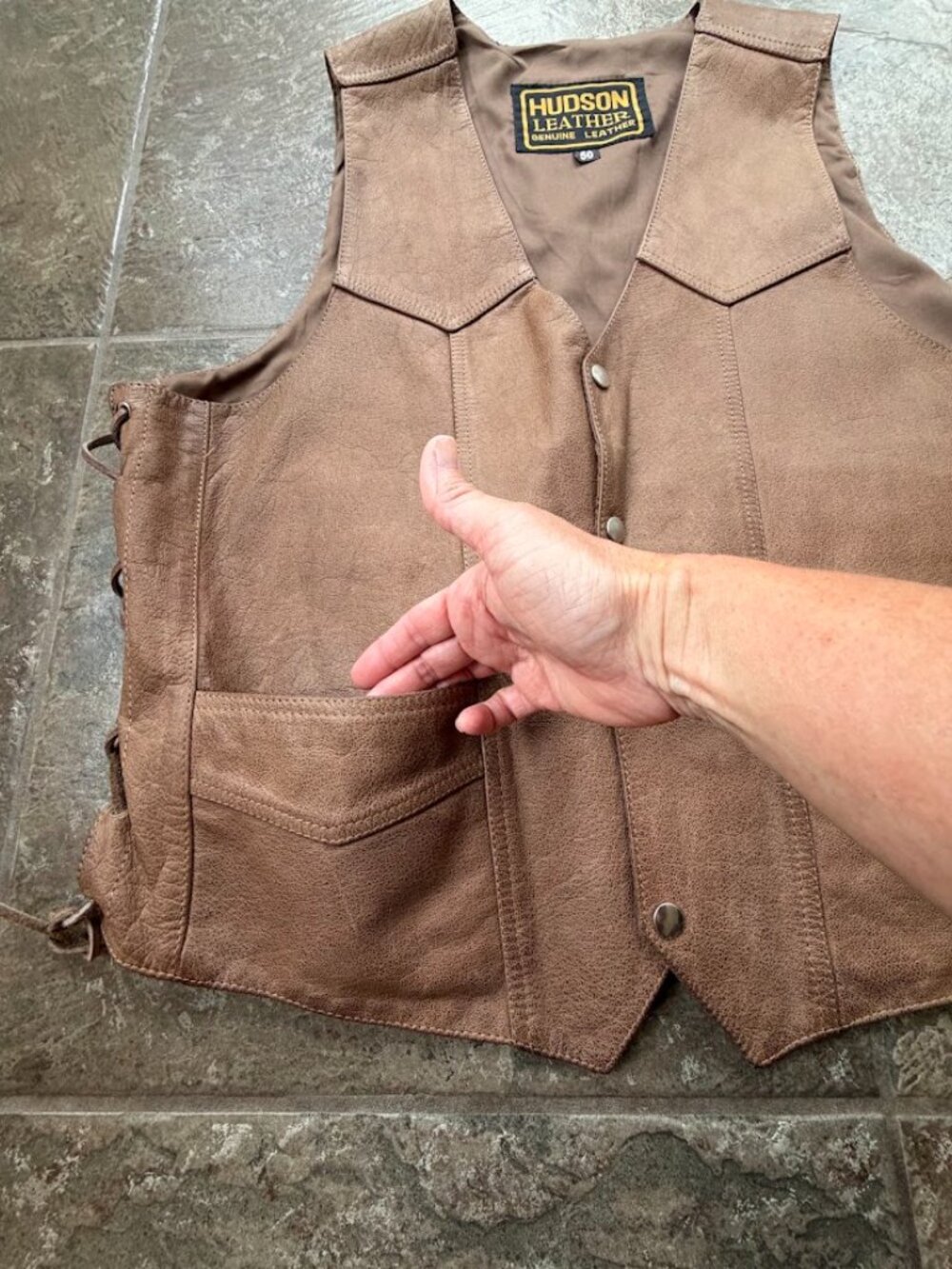 Hudson Leather Vintage Motorcycle Vest Brown Tan Side Lace Western Biker 50 - Picture 6 of 8